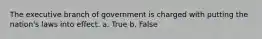 The executive branch of government is charged with putting the nation's laws into effect. a. True b. False