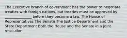 The Executive branch of government has the power to negotiate treaties with foreign nations, but treaties must be approved by _______________ before they become a law. The House of Representatives The Senate The Justice Department and the State Department Both the House and the Senate in a joint resolution