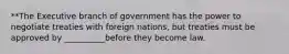 **The Executive branch of government has the power to negotiate treaties with foreign nations, but treaties must be approved by __________before they become law.