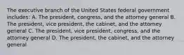 The executive branch of the United States federal government includes: A. The president, congress, and the attorney general B. The president, vice president, the cabinet, and the attorney general C. The president, vice president, congress, and the attorney general D. The president, the cabinet, and the attorney general