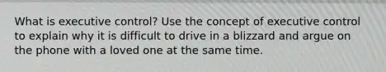 What is executive control? Use the concept of executive control to explain why it is difficult to drive in a blizzard and argue on the phone with a loved one at the same time.