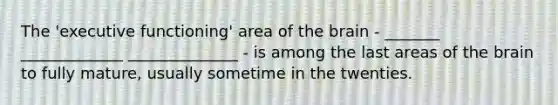 The 'executive functioning' area of the brain - _______ _____________ ______________ - is among the last areas of the brain to fully mature, usually sometime in the twenties.