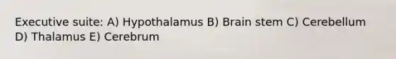 Executive suite: A) Hypothalamus B) Brain stem C) Cerebellum D) Thalamus E) Cerebrum