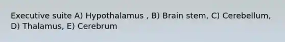 Executive suite A) Hypothalamus , B) Brain stem, C) Cerebellum, D) Thalamus, E) Cerebrum