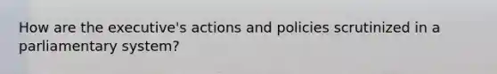 How are the executive's actions and policies scrutinized in a parliamentary system?