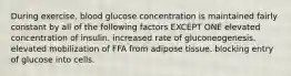 During exercise, blood glucose concentration is maintained fairly constant by all of the following factors EXCEPT ONE elevated concentration of insulin. increased rate of gluconeogenesis. elevated mobilization of FFA from adipose tissue. blocking entry of glucose into cells.