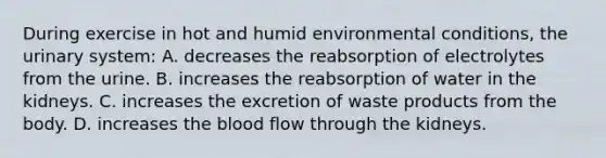 During exercise in hot and humid environmental conditions, the urinary system: A. decreases the reabsorption of electrolytes from the urine. B. increases the reabsorption of water in the kidneys. C. increases the excretion of waste products from the body. D. increases the blood flow through the kidneys.