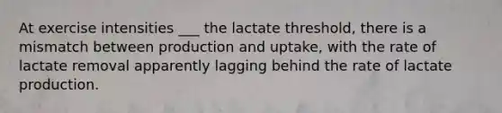 At exercise intensities ___ the lactate threshold, there is a mismatch between production and uptake, with the rate of lactate removal apparently lagging behind the rate of lactate production.