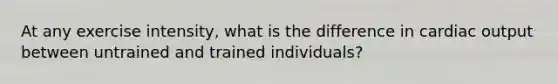 At any exercise intensity, what is the difference in <a href='https://www.questionai.com/knowledge/kyxUJGvw35-cardiac-output' class='anchor-knowledge'>cardiac output</a> between untrained and trained individuals?