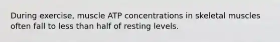 During exercise, muscle ATP concentrations in skeletal muscles often fall to less than half of resting levels.