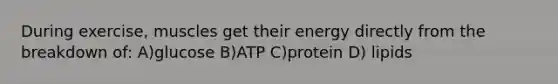 During exercise, muscles get their energy directly from the breakdown of: A)glucose B)ATP C)protein D) lipids