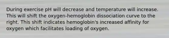 During exercise pH will decrease and temperature will increase. This will shift the oxygen-hemoglobin dissociation curve to the right. This shift indicates hemoglobin's increased affinity for oxygen which facilitates loading of oxygen.