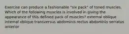 Exercise can produce a fashionable "six pack" of toned muscles. Which of the following muscles is involved in giving the appearance of this defined pack of muscles? external oblique internal oblique transversus abdominis rectus abdominis serratus anterior