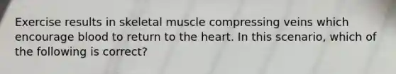 Exercise results in skeletal muscle compressing veins which encourage blood to return to the heart. In this scenario, which of the following is correct?