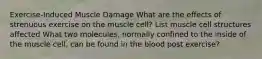 Exercise-Induced Muscle Damage What are the effects of strenuous exercise on the muscle cell? List muscle cell structures affected What two molecules, normally confined to the inside of the muscle cell, can be found in the blood post exercise?