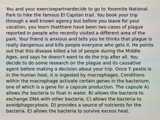 You and your exercisepartnerdecide to go to Yosemite National Park to hike the famous El Capitan trail. You book your trip through a well known agency but before you leave for your vacation, you learn thatthere have been two cases of plague reported in people who recently visited a different area of the park. Your friend is anxious and tells you he thinks that plague is really dangerous and kills people everyone who gets it. He points out that this disease killed a lot of people during the Middle Ages, and says he doesn't want to do the trip after all. You decide to do some research on the plague and its causative agent before making a decision about your trip. Once Y. pestis is in the human host, it is ingested by macrophages. Conditions within the macrophage activate certain genes in the bacterium, one of which is a gene for a capsule production. The capsule A) allows the bacteria to float in water. B) allows the bacteria to exchange DNA with other bacteria. C) allows the bacteria to avoidphagocytosis. D) provides a source of nutrients for the bacteria. E) allows the bacteria to survive excess heat.