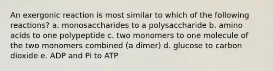 An exergonic reaction is most similar to which of the following reactions? a. monosaccharides to a polysaccharide b. amino acids to one polypeptide c. two monomers to one molecule of the two monomers combined (a dimer) d. glucose to carbon dioxide e. ADP and Pi to ATP