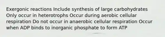 Exergonic reactions Include synthesis of large carbohydrates Only occur in heterotrophs Occur during aerobic cellular respiration Do not occur in anaerobic cellular respiration Occur when ADP binds to inorganic phosphate to form ATP