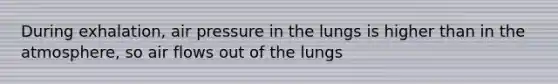 During exhalation, air pressure in the lungs is higher than in the atmosphere, so air flows out of the lungs