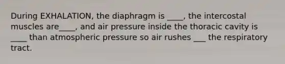 During EXHALATION, the diaphragm is ____, the intercostal muscles are____, and air pressure inside the thoracic cavity is ____ than atmospheric pressure so air rushes ___ the respiratory tract.