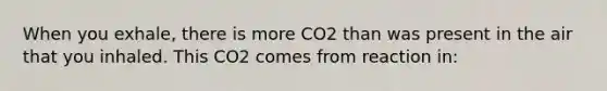 When you exhale, there is more CO2 than was present in the air that you inhaled. This CO2 comes from reaction in: