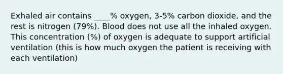 Exhaled air contains ____% oxygen, 3-5% carbon dioxide, and the rest is nitrogen (79%). Blood does not use all the inhaled oxygen. This concentration (%) of oxygen is adequate to support artificial ventilation (this is how much oxygen the patient is receiving with each ventilation)