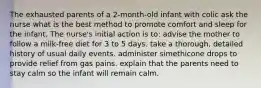 The exhausted parents of a 2-month-old infant with colic ask the nurse what is the best method to promote comfort and sleep for the infant. The nurse's initial action is to: advise the mother to follow a milk-free diet for 3 to 5 days. take a thorough, detailed history of usual daily events. administer simethicone drops to provide relief from gas pains. explain that the parents need to stay calm so the infant will remain calm.