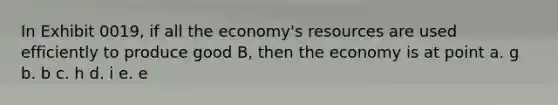 In Exhibit 0019, if all the economy's resources are used efficiently to produce good B, then the economy is at point a. g b. b c. h d. i e. e