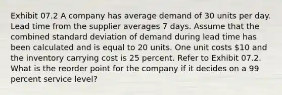 Exhibit 07.2 A company has average demand of 30 units per day. Lead time from the supplier averages 7 days. Assume that the combined standard deviation of demand during lead time has been calculated and is equal to 20 units. One unit costs 10 and the inventory carrying cost is 25 percent. Refer to Exhibit 07.2. What is the reorder point for the company if it decides on a 99 percent service level?