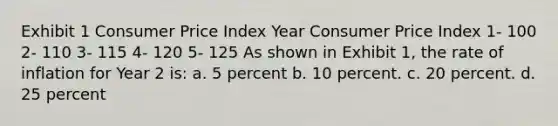 Exhibit 1 Consumer Price Index Year Consumer Price Index 1- 100 2- 110 3- 115 4- 120 5- 125 As shown in Exhibit 1, the rate of inflation for Year 2 is: a. 5 percent b. 10 percent. c. 20 percent. d. 25 percent