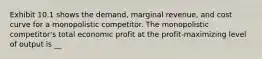 Exhibit 10.1 shows the demand, marginal revenue, and cost curve for a monopolistic competitor. The monopolistic competitor's total economic profit at the profit-maximizing level of output is __