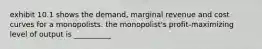 exhibit 10.1 shows the demand, marginal revenue and cost curves for a monopolists. the monopolist's profit-maximizing level of output is __________