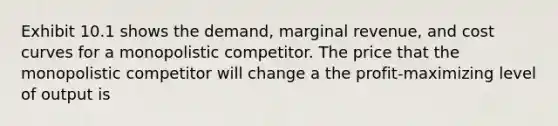 Exhibit 10.1 shows the demand, marginal revenue, and cost curves for a monopolistic competitor. The price that the monopolistic competitor will change a the profit-maximizing level of output is