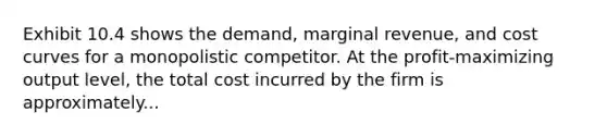 Exhibit 10.4 shows the demand, marginal revenue, and cost curves for a monopolistic competitor. At the profit-maximizing output level, the total cost incurred by the firm is approximately...