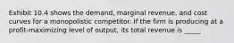 Exhibit 10.4 shows the demand, marginal revenue, and cost curves for a monopolistic competitor. If the firm is producing at a profit-maximizing level of output, its total revenue is _____