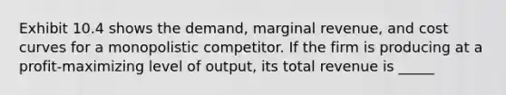 Exhibit 10.4 shows the demand, marginal revenue, and cost curves for a monopolistic competitor. If the firm is producing at a profit-maximizing level of output, its total revenue is _____