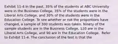 Exhibit 11-4 In the past, 35% of the students at ABC University were in the Business College, 35% of the students were in the Liberal Arts College, and 30% of the students were in the Education College. To see whether or not the proportions have changed, a sample of 300 students was taken. Ninety of the sample students are in the Business College, 120 are in the Liberal Arts College, and 90 are in the Education College. ​ Refer to Exhibit 11-4. The conclusion of the test is that the