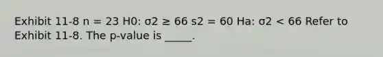 Exhibit 11-8 n = 23 H0: σ2 ≥ 66 s2 = 60 Ha: σ2 < 66 Refer to Exhibit 11-8. The p-value is _____.