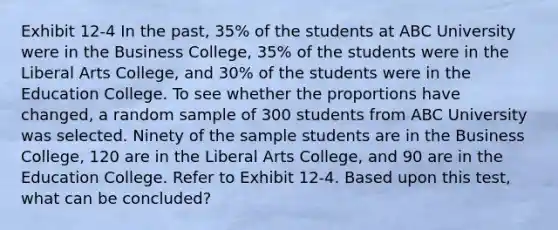 Exhibit 12-4 In the past, 35% of the students at ABC University were in the Business College, 35% of the students were in the Liberal Arts College, and 30% of the students were in the Education College. To see whether the proportions have changed, a random sample of 300 students from ABC University was selected. Ninety of the sample students are in the Business College, 120 are in the Liberal Arts College, and 90 are in the Education College. Refer to Exhibit 12-4. Based upon this test, what can be concluded?