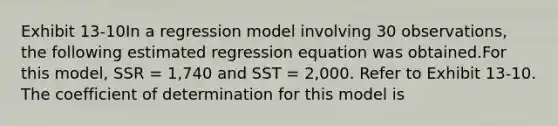 Exhibit 13-10In a regression model involving 30 observations, the following estimated regression equation was obtained.For this model, SSR = 1,740 and SST = 2,000. Refer to Exhibit 13-10. The coefficient of determination for this model is