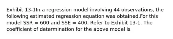 Exhibit 13-1In a regression model involving 44 observations, the following estimated regression equation was obtained.For this model SSR = 600 and SSE = 400. Refer to Exhibit 13-1. The coefficient of determination for the above model is