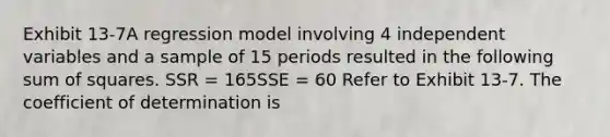 Exhibit 13-7A regression model involving 4 independent variables and a sample of 15 periods resulted in the following sum of squares. SSR = 165SSE = 60 Refer to Exhibit 13-7. The coefficient of determination is