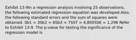 Exhibit 13-9In a regression analysis involving 25 observations, the following estimated regression equation was developed.Also, the following standard errors and the sum of squares were obtained. Sb1 = 3Sb2 = 6Sb3 = 7SST = 4,800SSE = 1,296 Refer to Exhibit 13-9. The p-value for testing the significance of the regression model is