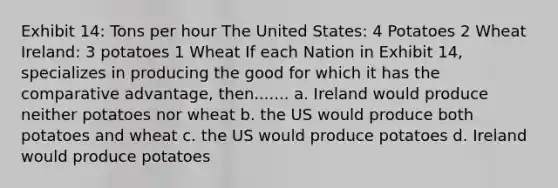 Exhibit 14: Tons per hour The United States: 4 Potatoes 2 Wheat Ireland: 3 potatoes 1 Wheat If each Nation in Exhibit 14, specializes in producing the good for which it has the comparative advantage, then....... a. Ireland would produce neither potatoes nor wheat b. the US would produce both potatoes and wheat c. the US would produce potatoes d. Ireland would produce potatoes