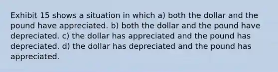 Exhibit 15 shows a situation in which a) both the dollar and the pound have appreciated. b) both the dollar and the pound have depreciated. c) the dollar has appreciated and the pound has depreciated. d) the dollar has depreciated and the pound has appreciated.