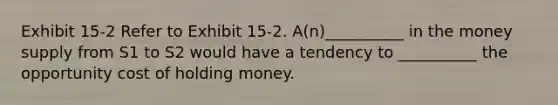 Exhibit 15-2 Refer to Exhibit 15-2. A(n)__________ in the money supply from S1 to S2 would have a tendency to __________ the opportunity cost of holding money.