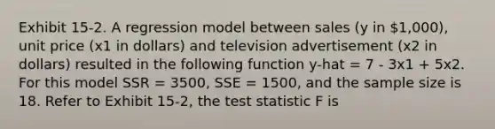 Exhibit 15-2. A regression model between sales (y in 1,000), unit price (x1 in dollars) and television advertisement (x2 in dollars) resulted in the following function y-hat = 7 - 3x1 + 5x2. For this model SSR = 3500, SSE = 1500, and the sample size is 18. Refer to Exhibit 15-2, the test statistic F is