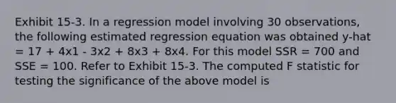 Exhibit 15-3. In a regression model involving 30 observations, the following estimated regression equation was obtained y-hat = 17 + 4x1 - 3x2 + 8x3 + 8x4. For this model SSR = 700 and SSE = 100. Refer to Exhibit 15-3. The computed F statistic for testing the significance of the above model is