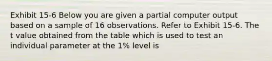 Exhibit 15-6 Below you are given a partial computer output based on a sample of 16 observations. Refer to Exhibit 15-6. The t value obtained from the table which is used to test an individual parameter at the 1% level is