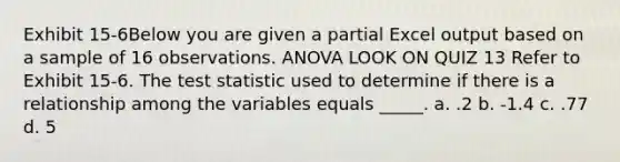 Exhibit 15-6Below you are given a partial Excel output based on a sample of 16 observations. ANOVA LOOK ON QUIZ 13 Refer to Exhibit 15-6. The test statistic used to determine if there is a relationship among the variables equals _____. a. .2 b. -1.4 c. .77 d. 5